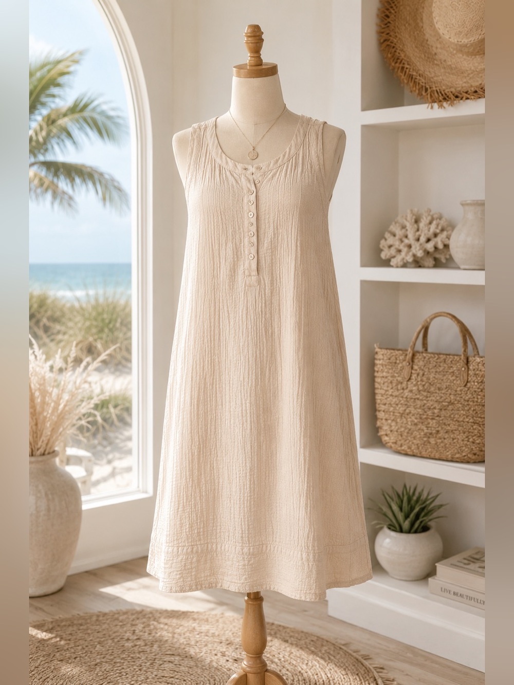 Wonderly Cotton Gauze Beach Cover Up Dress Large Beige Resort Coastal Pockets - Picture 2 of 12